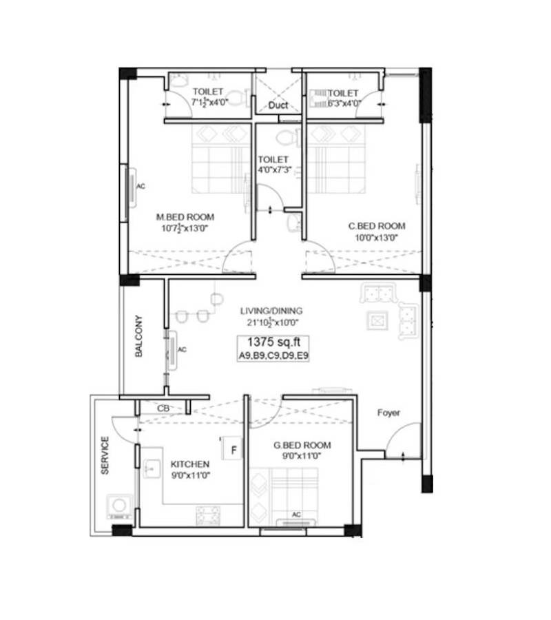 Floor plan of 3 BHK 1375 Sq. Ft. Apartment in The Nest Cosmos, Chennai