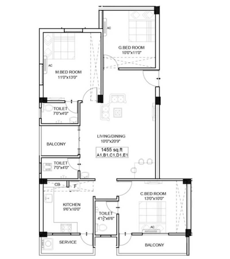 Floor plan of 3 BHK 1455 Sq. Ft. Apartment in The Nest Cosmos, Chennai