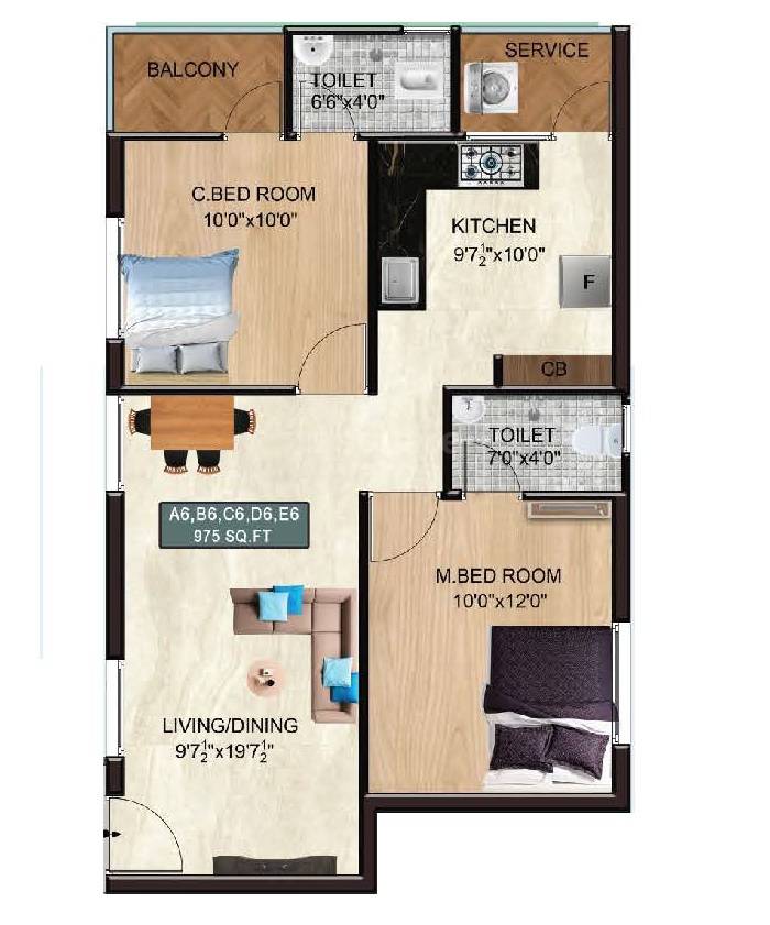 2 BHK 975 Sq. Ft. Apartment