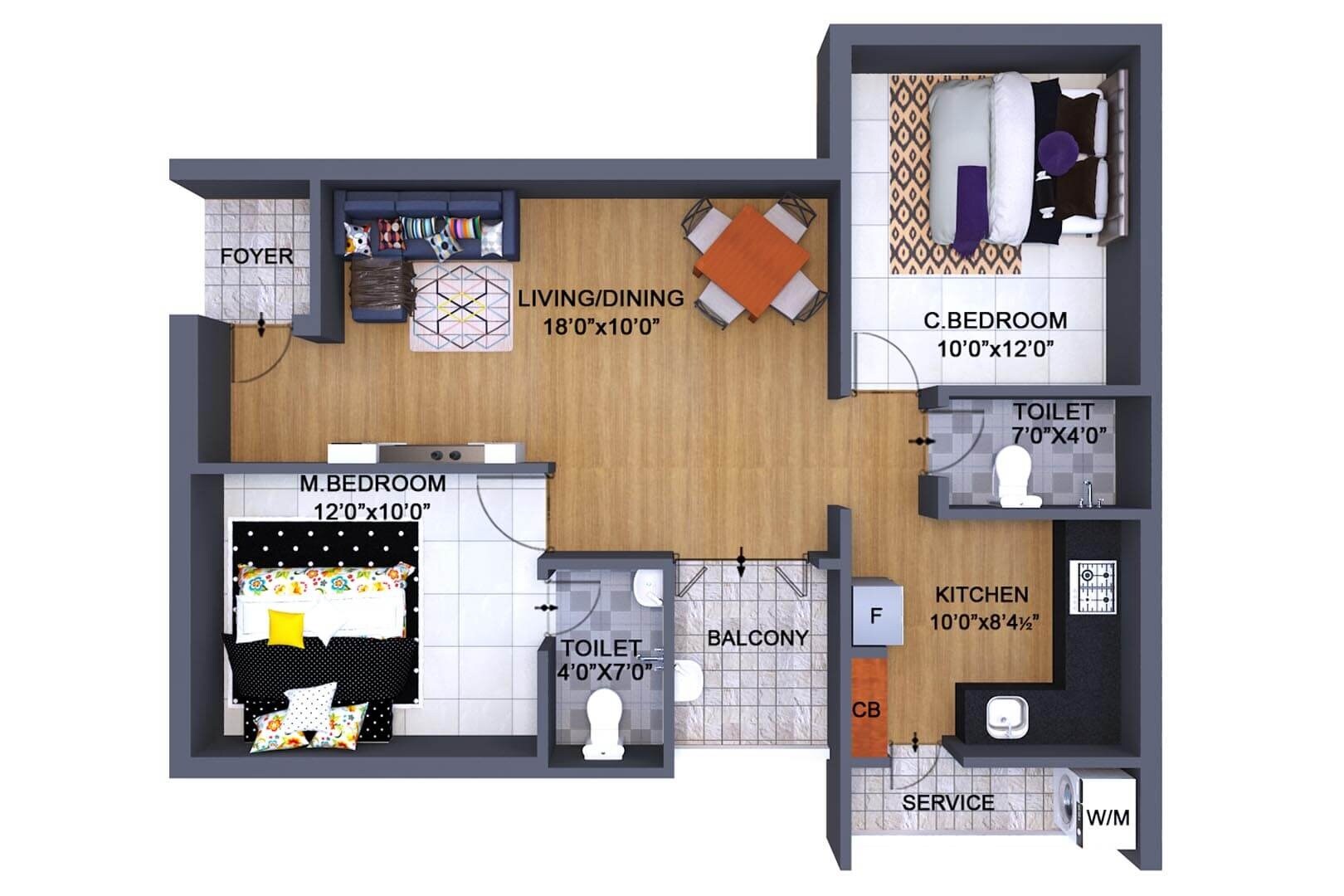 Floor plan of 2 BHK 1085 Sq. Ft. Apartment in The Nest Epic, Chennai