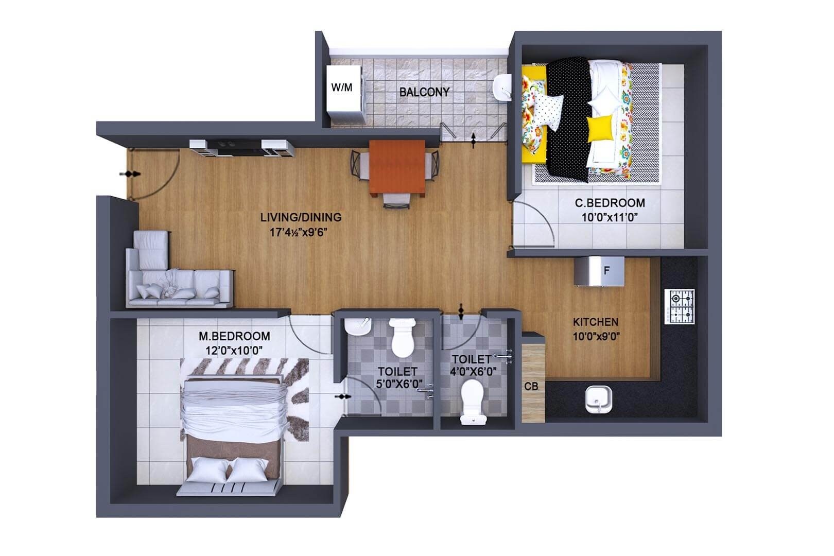 Floor plan of 2 BHK 970 Sq. Ft. Apartment in The Nest Epic, Chennai