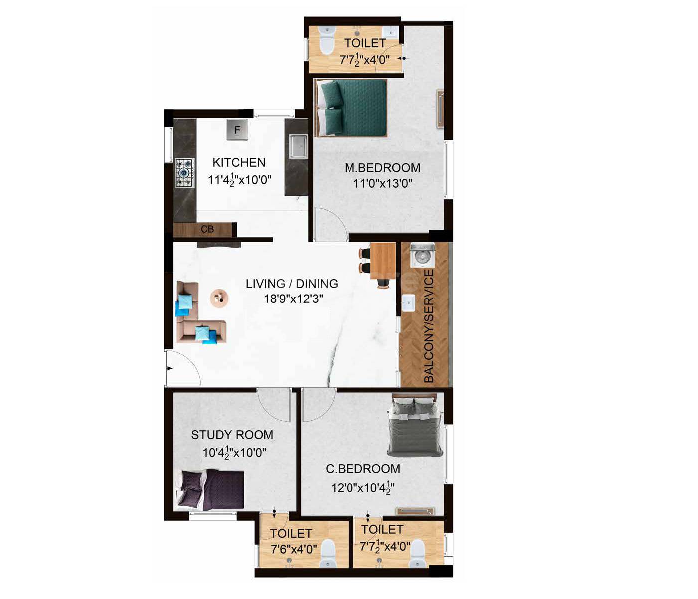 3 BHK 858 Sq. Ft. Apartment