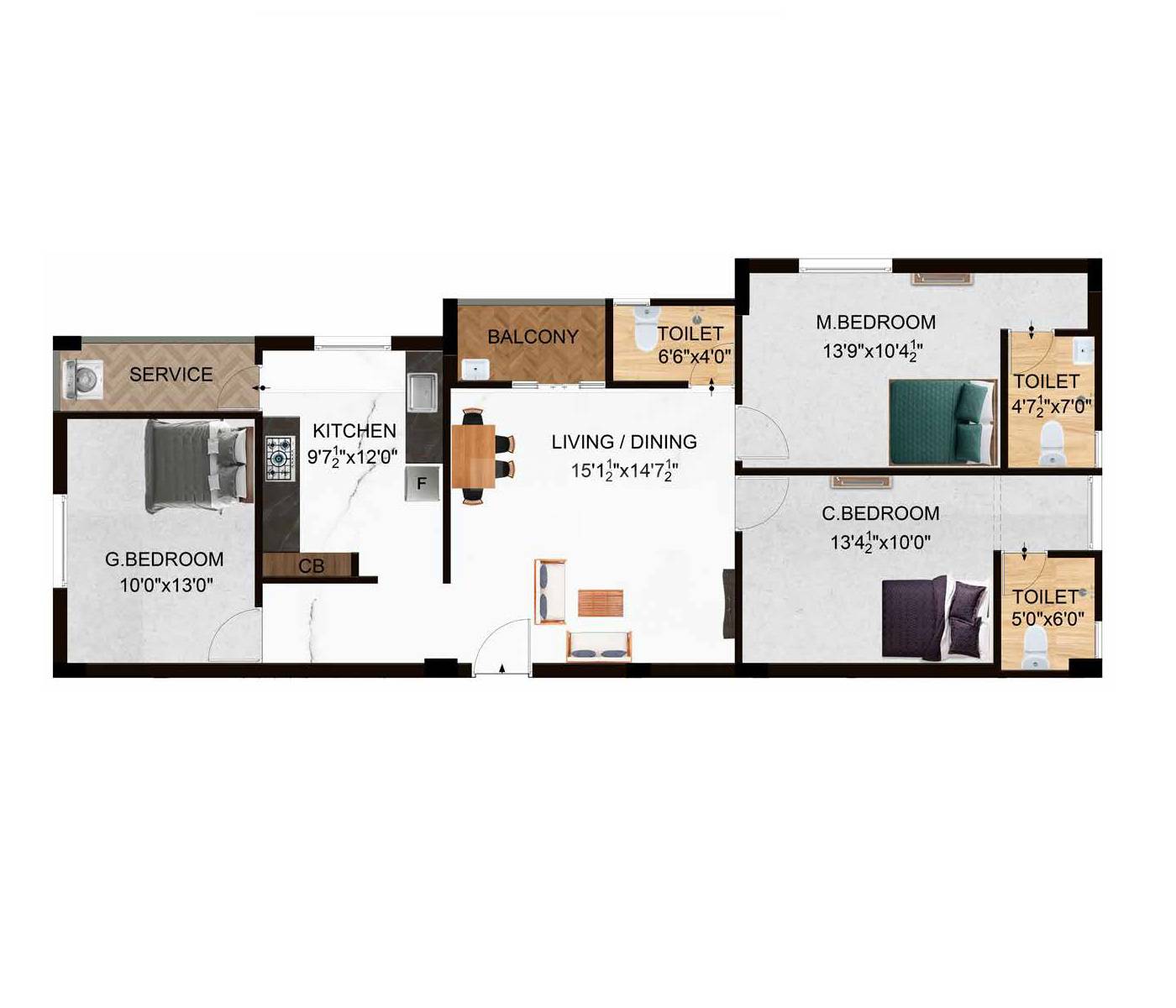 3 BHK 945 Sq. Ft. Apartment