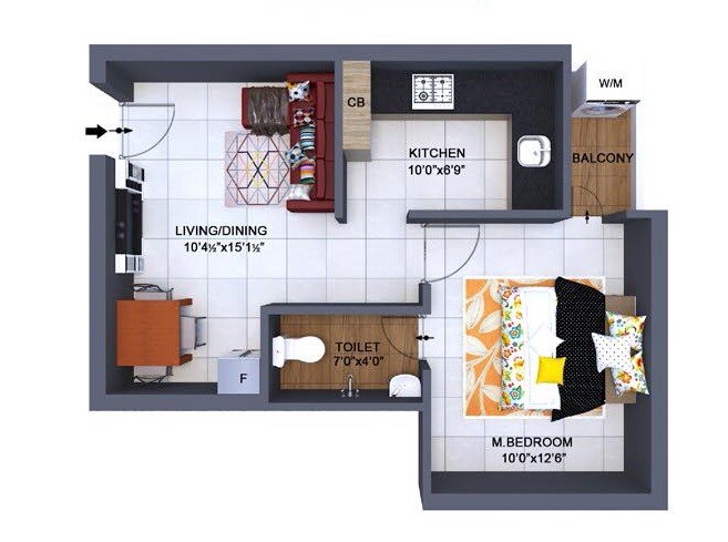 Floor plan of 1 BHK 615 Sq. Ft. Apartment in The Nest Mascot, Chennai