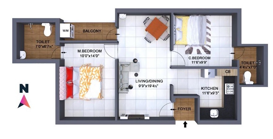 Floor plan of 2 BHK 1010 Sq. Ft. Apartment in The Nest Mascot, Chennai