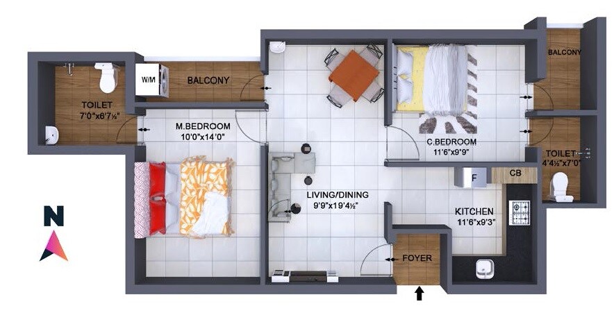 Floor plan of 2 BHK 1110 Sq. Ft. Apartment in The Nest Mascot, Chennai