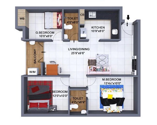 Floor plan of 3 BHK 1265 Sq. Ft. Apartment in The Nest Mascot, Chennai