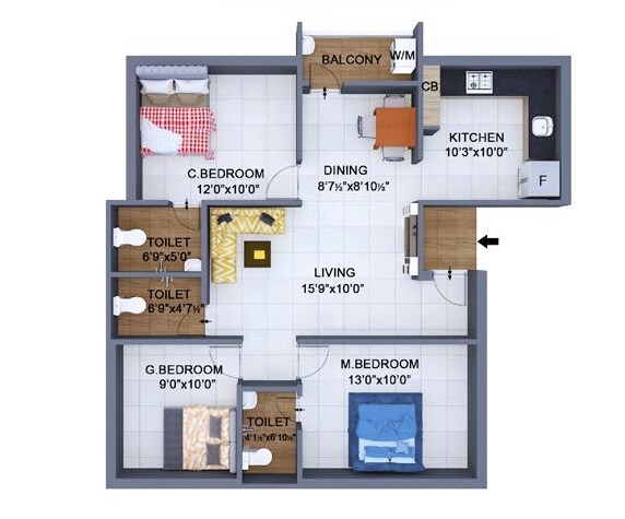 Floor plan of 3 BHK 1450 Sq. Ft. Apartment in The Nest Mascot, Chennai