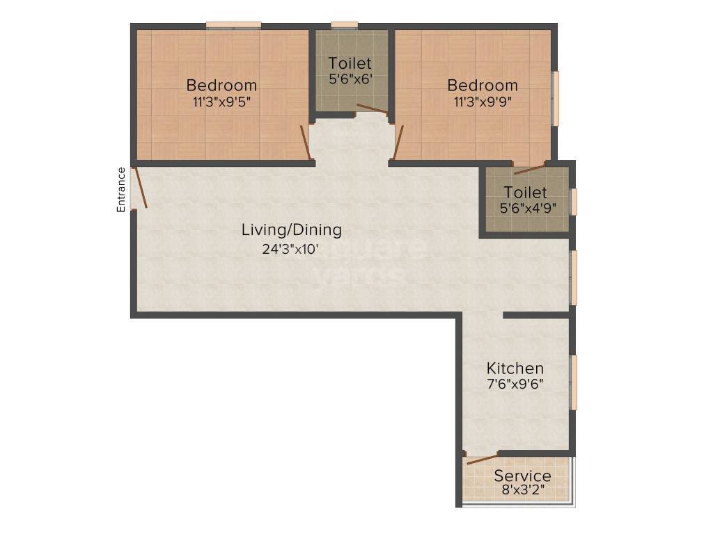 Floor plan of 2 BHK 906 Sq. Ft. Apartment in Thilaga Aishani, Chennai