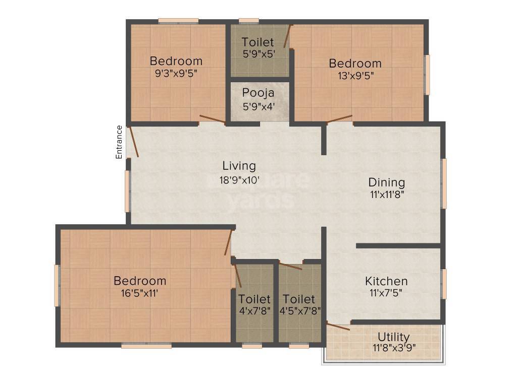 Floor plan of 3 BHK 1341 Sq. Ft. Apartment in Thilaga Aishani, Chennai