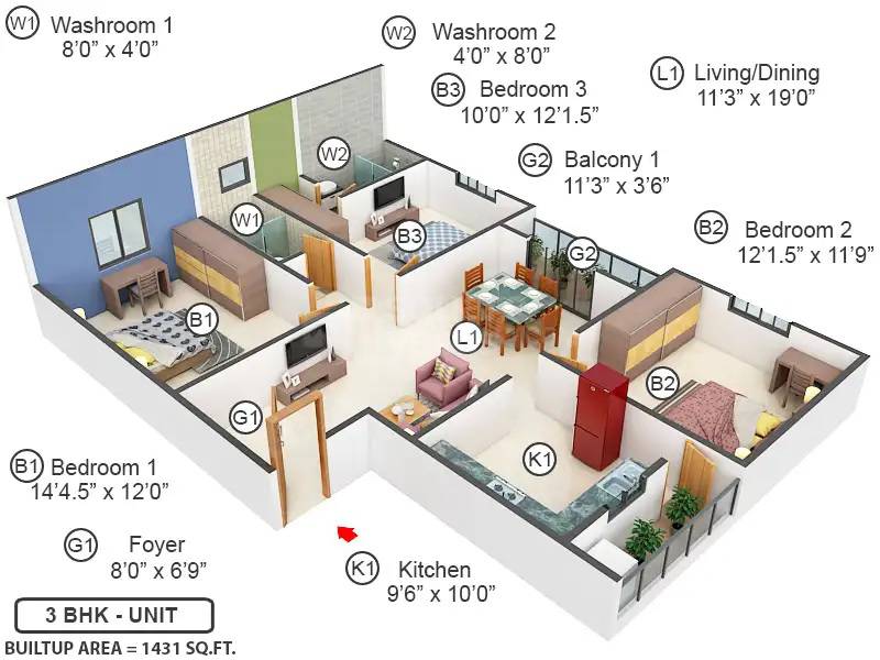 Floor plan of 3 BHK 1431 Sq. Ft. Apartment in Traventure Amethyst, Chennai