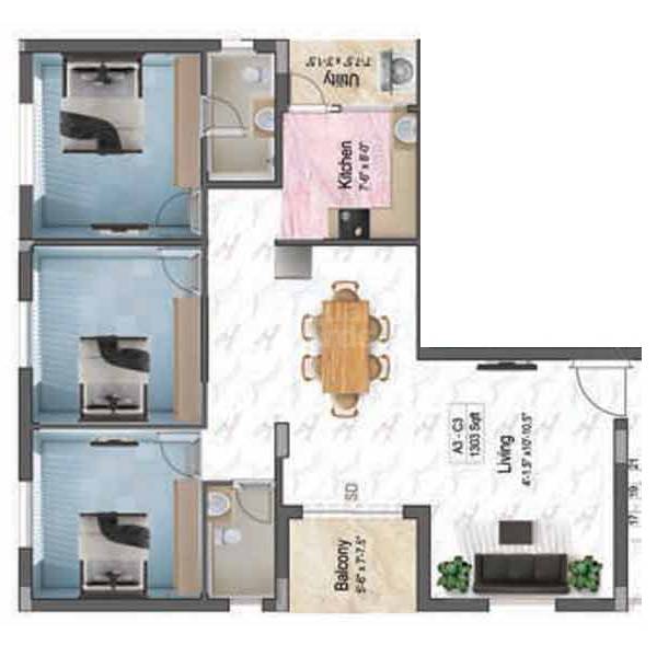 3 BHK 1280 Sq. Ft. Apartment