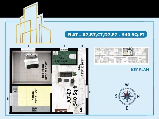 Floor plan of 1 BHK 540 Sq. Ft. Apartment in Traventure Elanza, Chennai