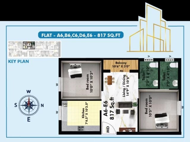 Floor plan of 2 BHK 817 Sq. Ft. Apartment in Traventure Elanza, Chennai
