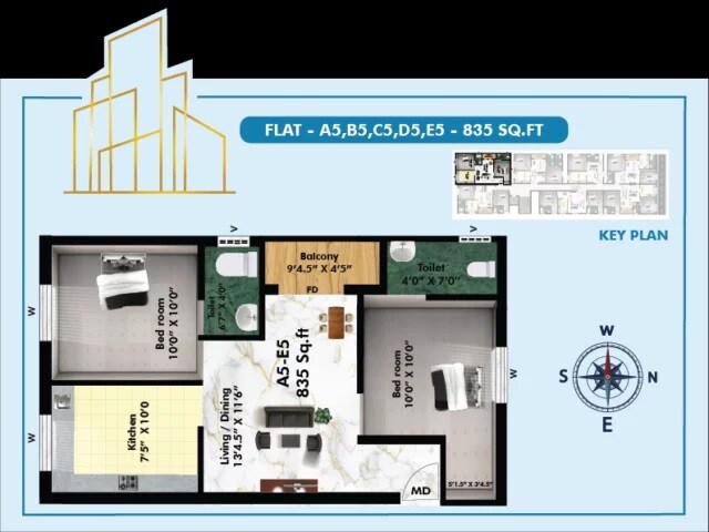 Floor plan of 2 BHK 835 Sq. Ft. Apartment in Traventure Elanza, Chennai