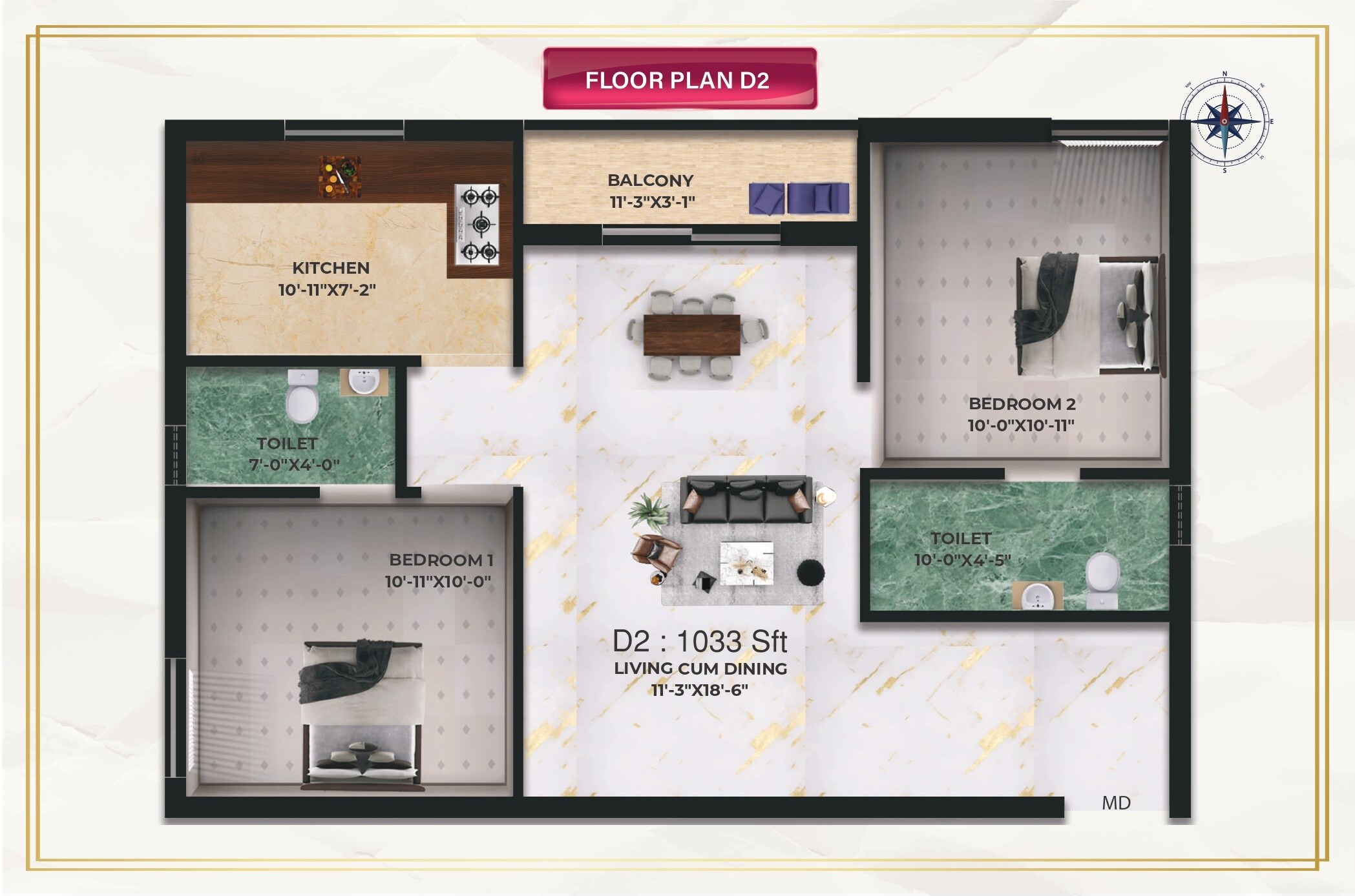 Floor plan of 2 BHK 1033 Sq. Ft. Apartment in Traventure Luxe, Chennai