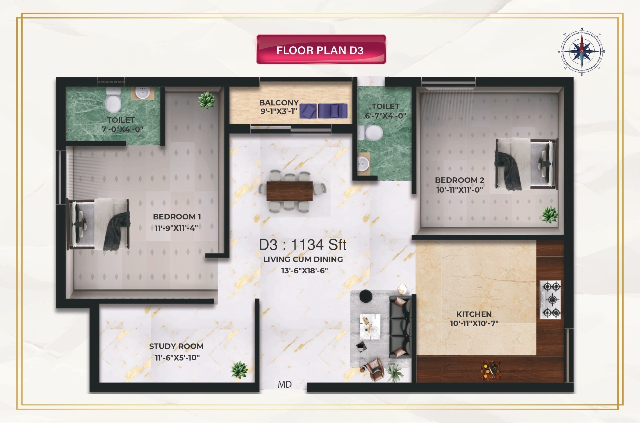 Floor plan of 2 BHK 1134 Sq. Ft. Apartment in Traventure Luxe, Chennai