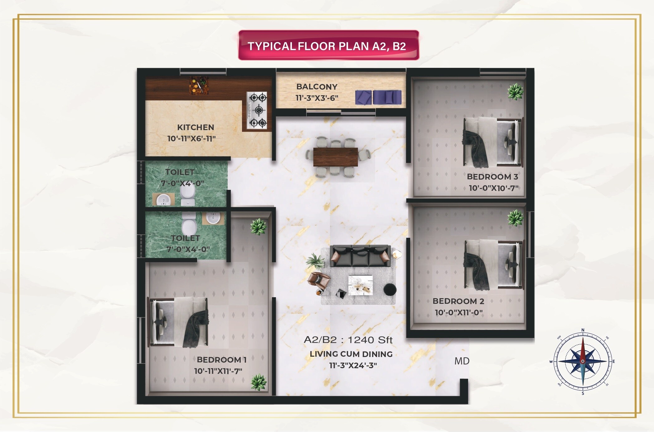 Floor plan of 3 BHK 1240 Sq. Ft. Apartment in Traventure Luxe, Chennai