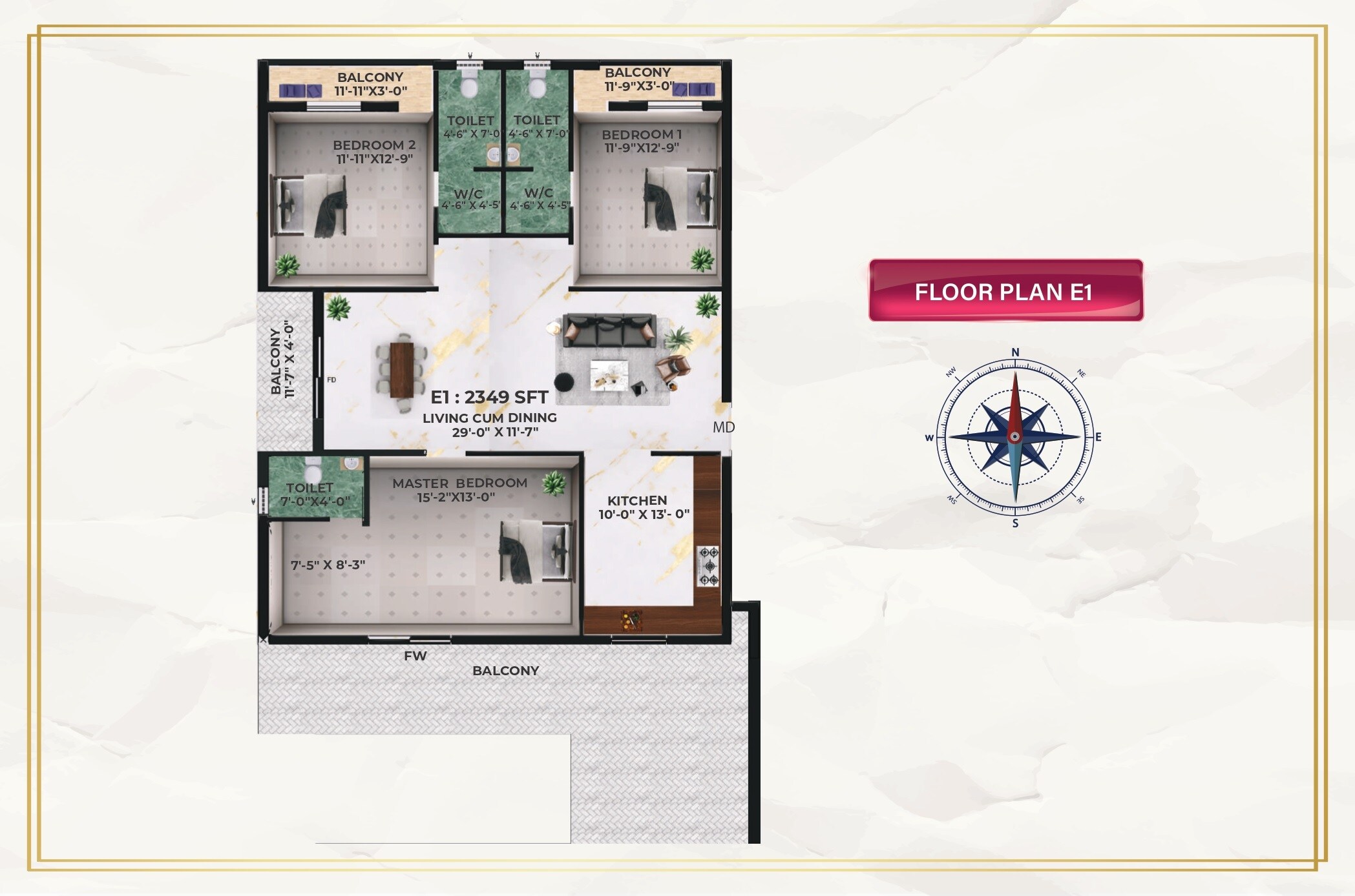 Floor plan of 3 BHK 2349 Sq. Ft. Apartment in Traventure Luxe, Chennai