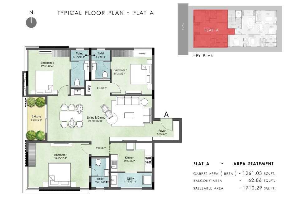 Floor plan of 3 BHK 1710 Sq. Ft. Apartment in Tulive Antara, Chennai