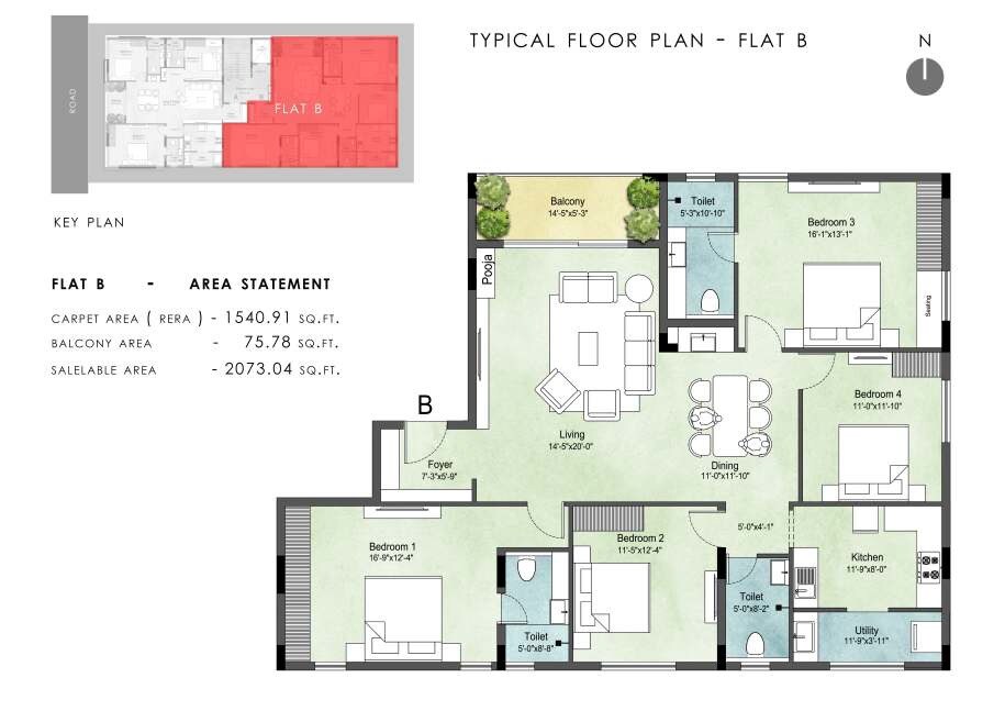 Floor plan of 4 BHK 2073 Sq. Ft. Apartment in Tulive Antara, Chennai