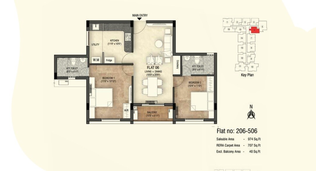 Floor plan of 2 BHK 974 Sq. Ft. Apartment in Tulive Bellevue, Chennai