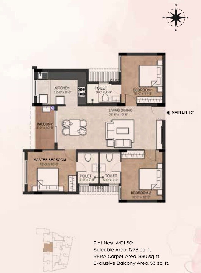 Floor plan of 3 BHK 1278 Sq. Ft. Apartment in Tulive Flora, Chennai
