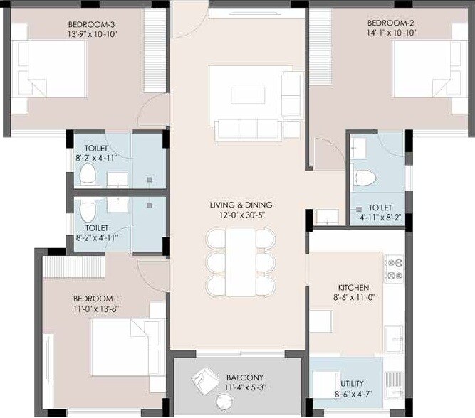 Floor plan of 3 BHK 1500 Sq. Ft. Apartment in Tulive Grandezza, Chennai