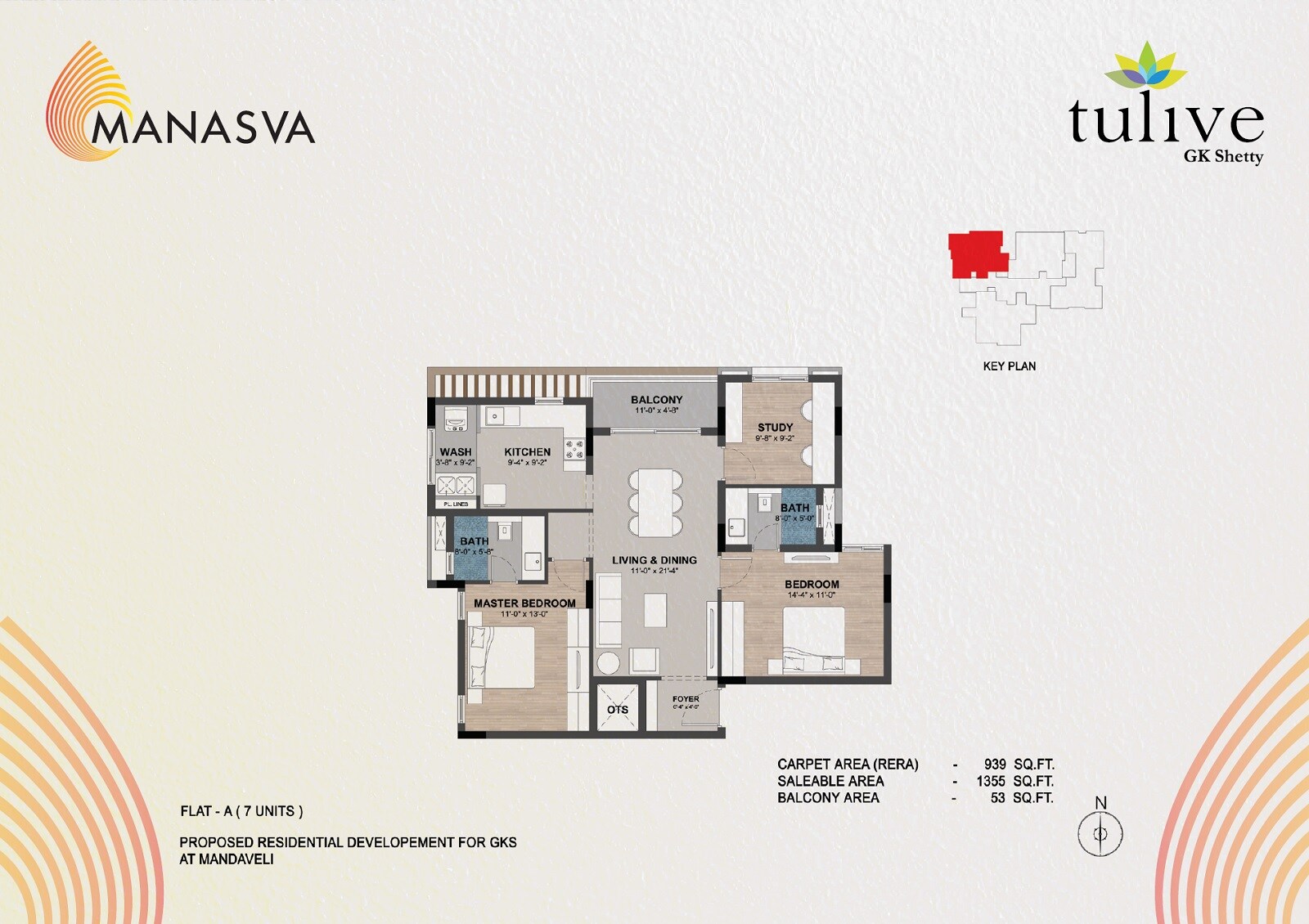 Floor plan of 2 BHK 1355 Sq. Ft. Apartment in Tulive Manasva, Chennai