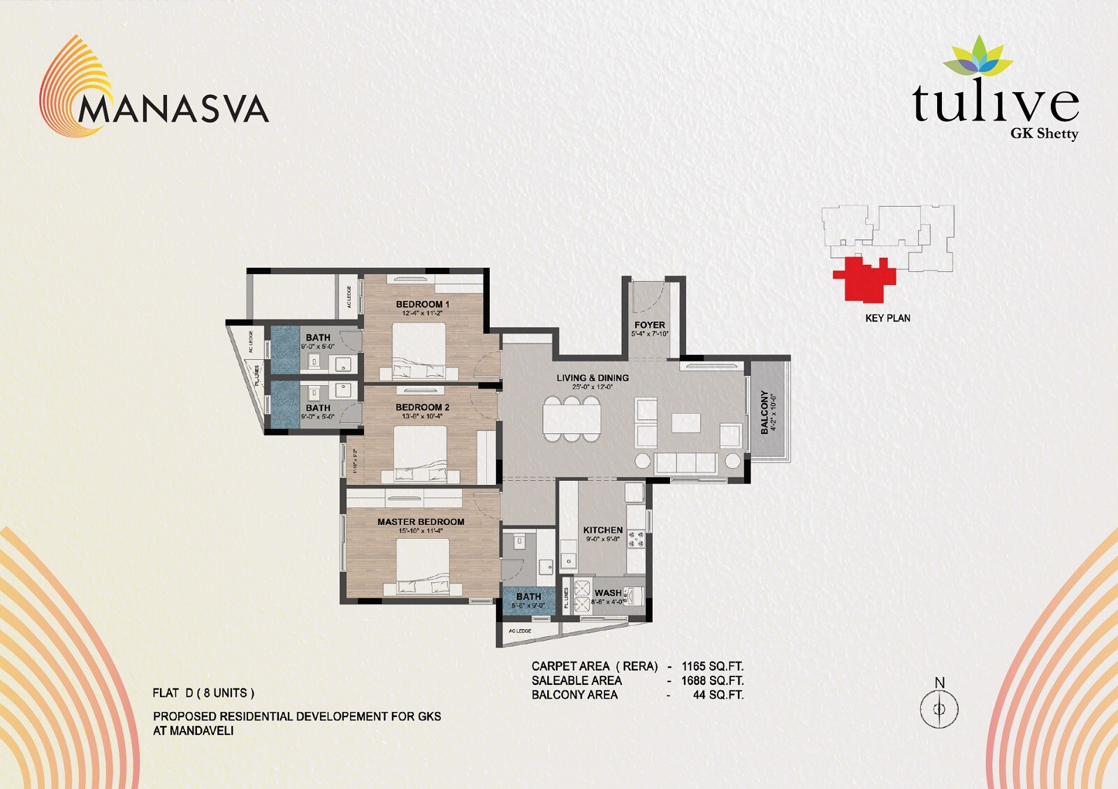 Floor plan of 3 BHK 1688 Sq. Ft. Apartment in Tulive Manasva, Chennai
