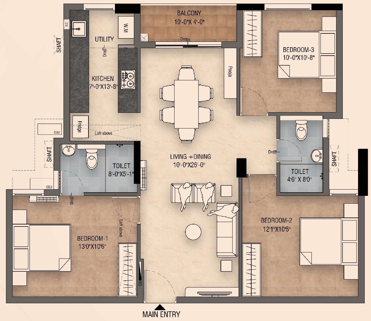 Floor plan of 3 BHK 1375 Sq. Ft. Apartment in Tulive Pavilion, Chennai