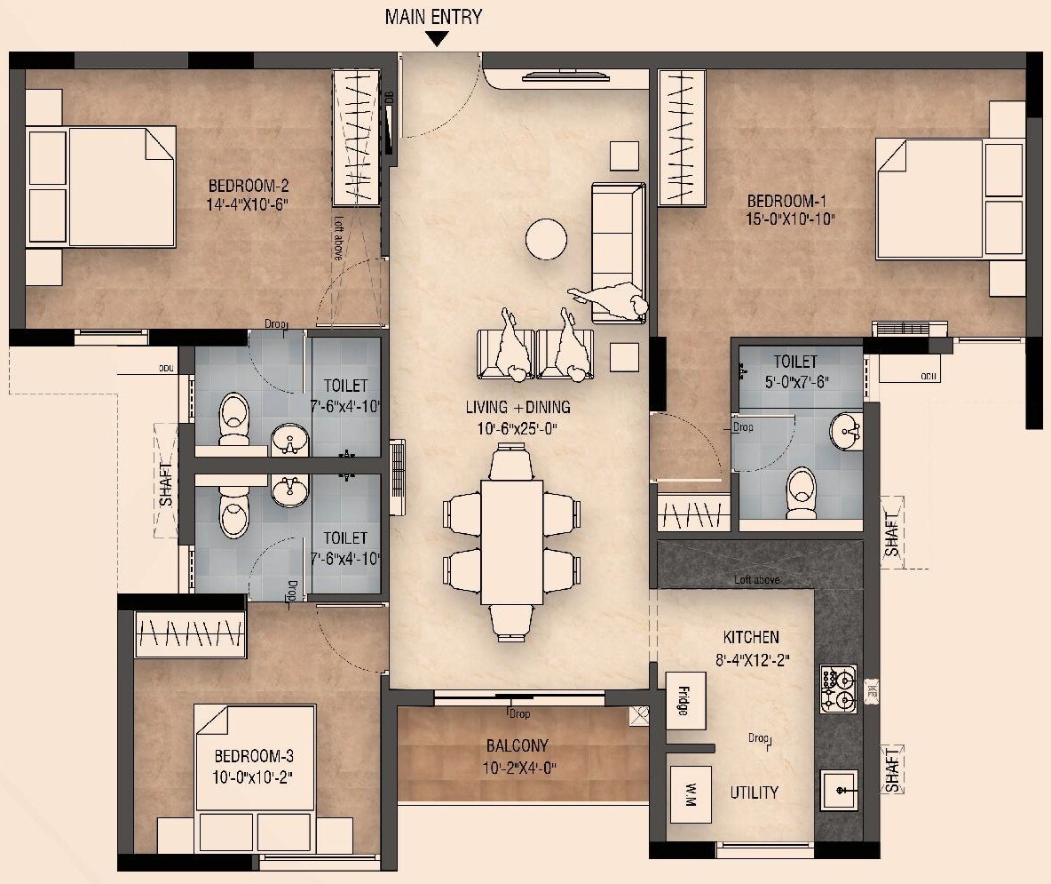Floor plan of 3 BHK 1518 Sq. Ft. Apartment in Tulive Pavilion, Chennai