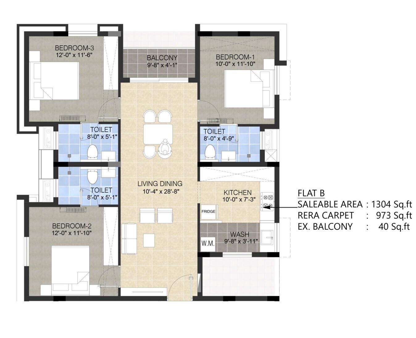 Floor plan of 3 BHK 1304 Sq. Ft. Apartment in Tuya Sharon Rose, Chennai