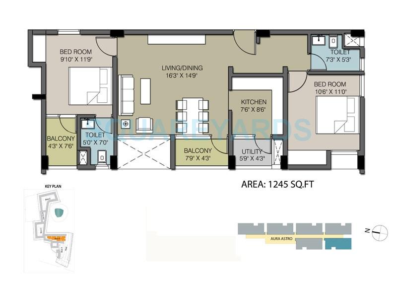 Floor plan of 2 BHK 1245 Sq. Ft. Apartment in TVH Aura, Chennai
