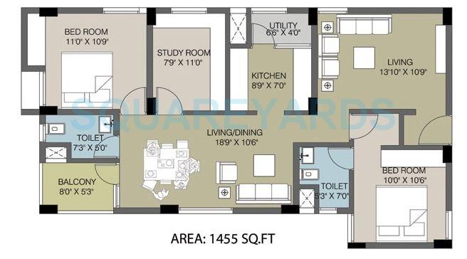Floor plan of 2 BHK 1455 Sq. Ft. Apartment in TVH Aura, Chennai
