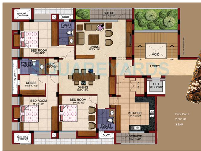 Floor plan of 3 BHK 2500 Sq. Ft. Apartment in TVH Battika, Chennai