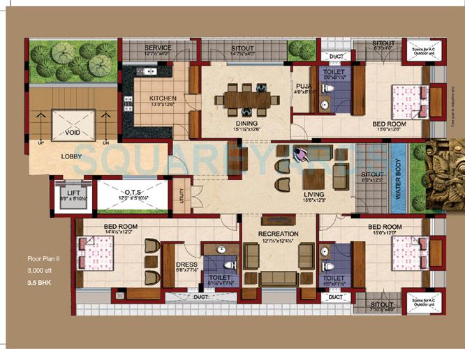 Floor plan of 3 BHK 3000 Sq. Ft. Apartment in TVH Battika, Chennai