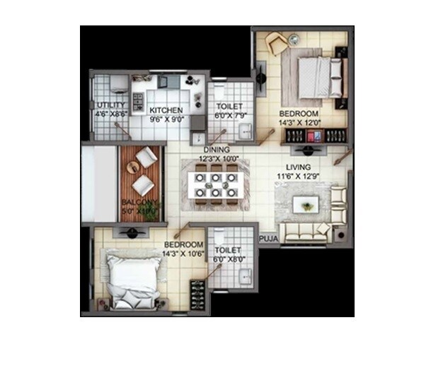 Floor plan of 2 BHK 1183 Sq. Ft. Apartment in TVH Nivaan, Chennai