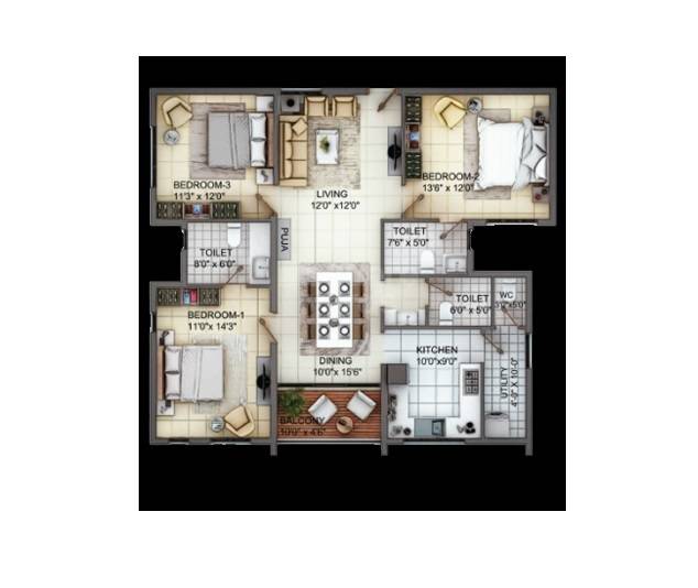 Floor plan of 3 BHK 1204 Sq. Ft. Apartment in TVH Nivaan, Chennai