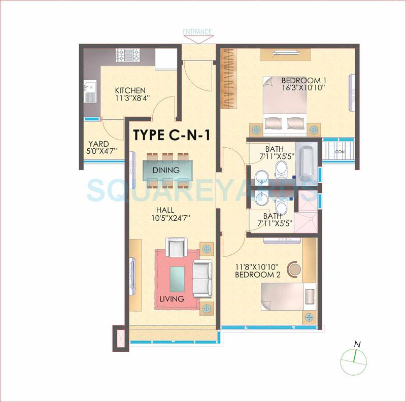 Floor plan of 2 BHK 1210 Sq. Ft. Apartment in TVH Ouranya Bay, Chennai