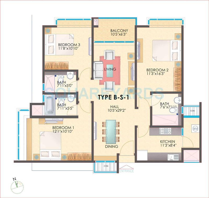 Floor plan of 3 BHK 1710 Sq. Ft. Apartment in TVH Ouranya Bay, Chennai