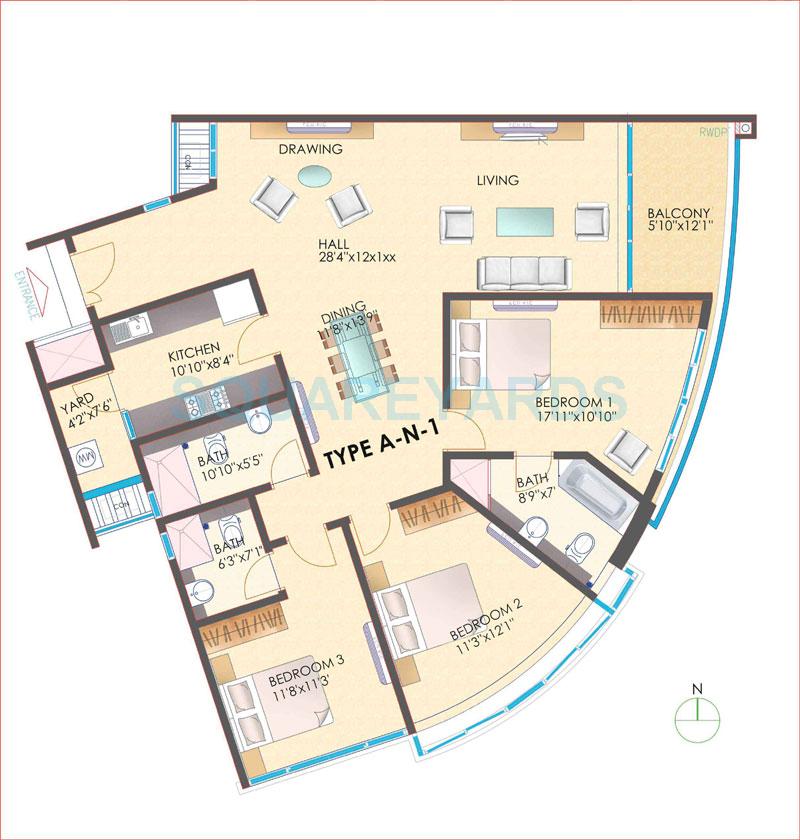 Floor plan of 3 BHK 2084 Sq. Ft. Apartment in TVH Ouranya Bay, Chennai