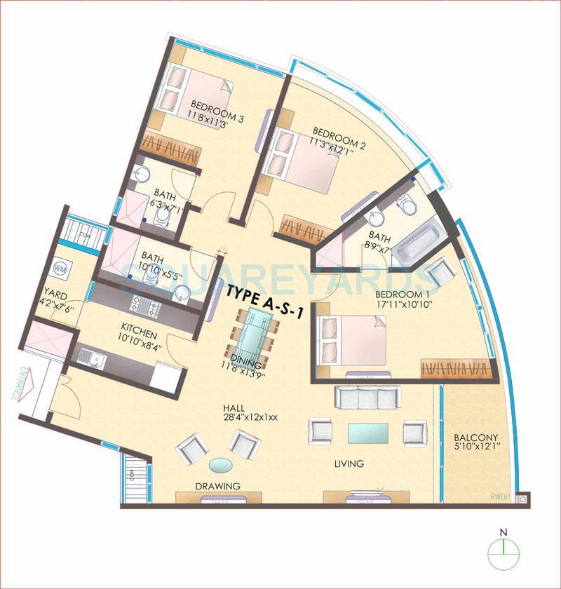 Floor plan of 3 BHK 2850 Sq. Ft. Apartment in TVH Ouranya Bay, Chennai