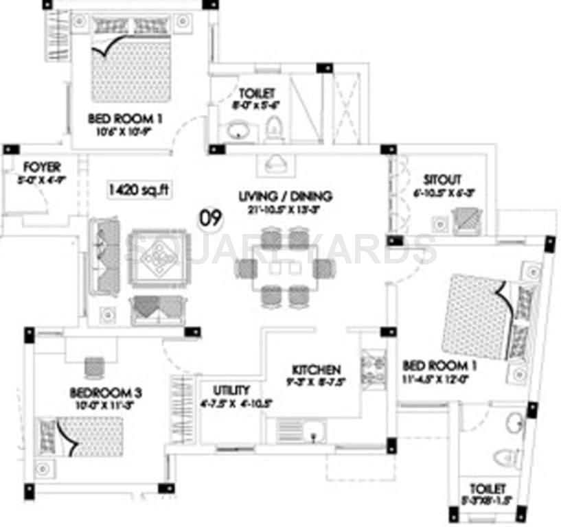 Floor plan of 3 BHK 1420 Sq. Ft. Apartment in TVH Svasti, Chennai