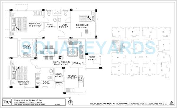 Floor plan of 3 BHK 1518 Sq. Ft. Apartment in TVH Svasti, Chennai
