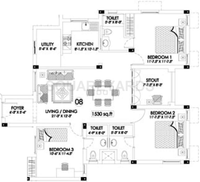 Floor plan of 3 BHK 1530 Sq. Ft. Apartment in TVH Svasti, Chennai