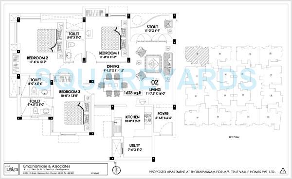 Floor plan of 3 BHK 1623 Sq. Ft. Apartment in TVH Svasti, Chennai