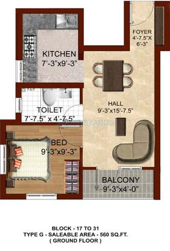 Floor plan of 1 BHK 560 Sq. Ft. Apartment in TVH Svaya, Chennai