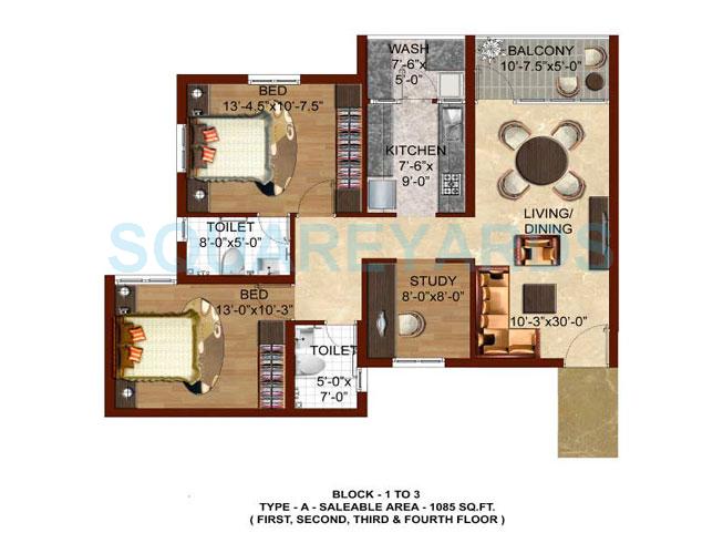 Floor plan of 2 BHK 1085 Sq. Ft. Apartment in TVH Svaya, Chennai