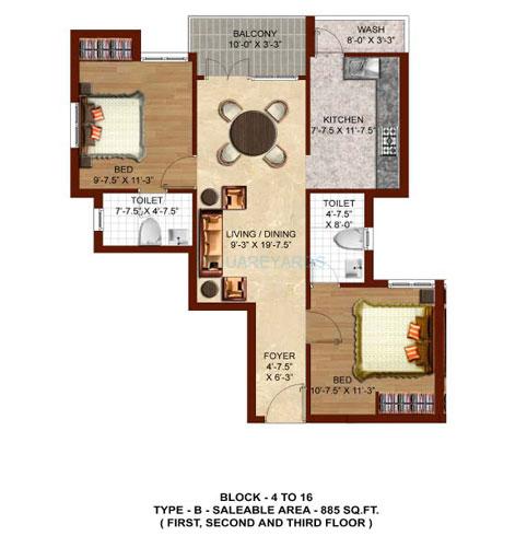 Floor plan of 2 BHK 885 Sq. Ft. Apartment in TVH Svaya, Chennai